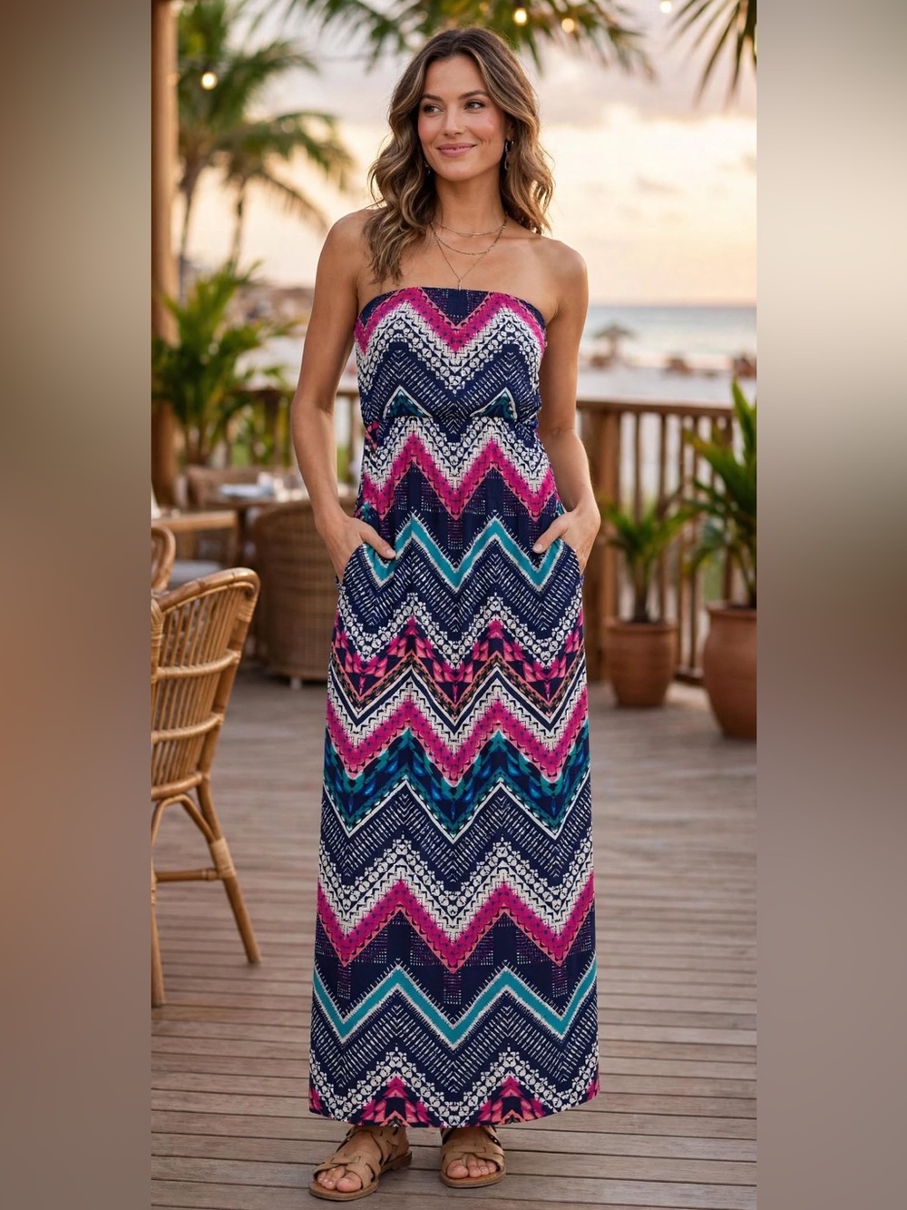 Three Pink Hearts Strapless Chevron Maxi Dress Pockets Medium Boho